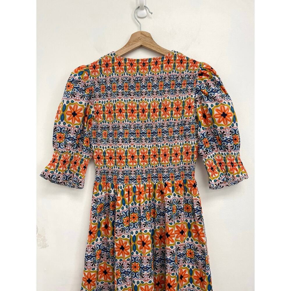 Boden Smocked Bodice Midi Dress Colorful Cute Tapestry Stripe Puff Sleeves US6 - Picture 6 of 13